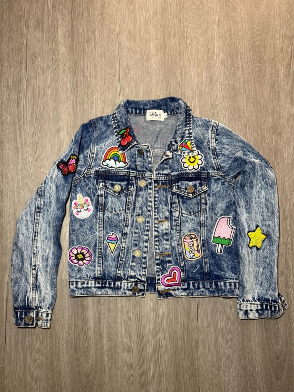 Girls Distressed Denim Jacket with Colorful Patches (12 YRS)